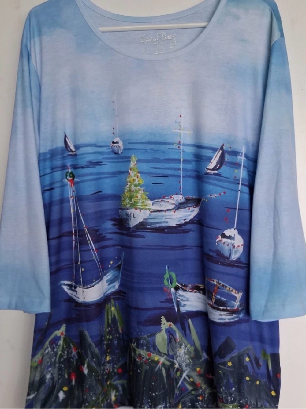 Coral Bay Blue Nautical Boat Print Long Sleeve Top